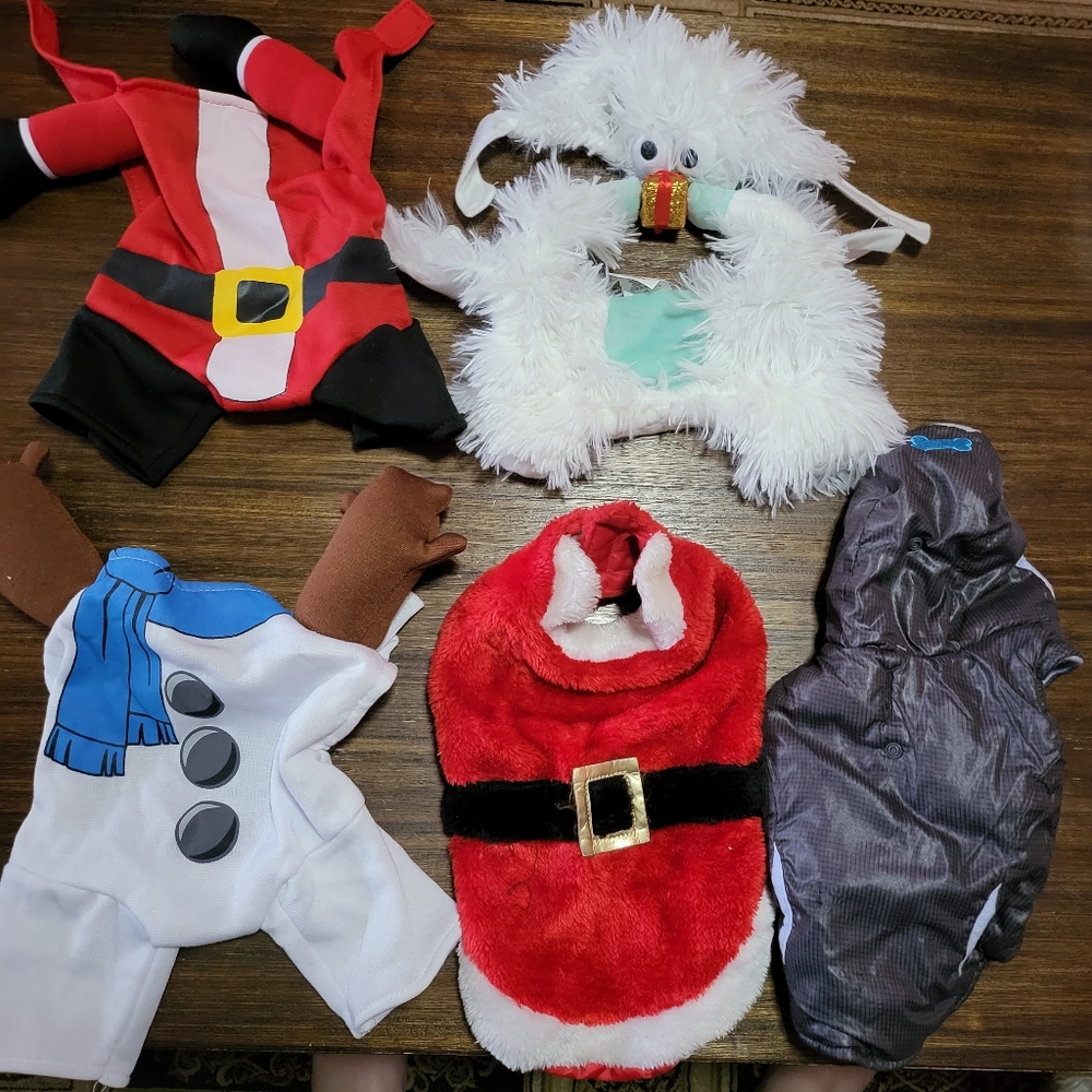 Lot of 4 size small dog costumes and jacket.
